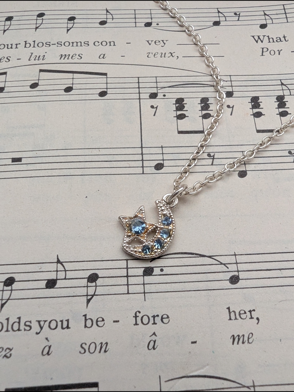 Silver Moon & Star Pendant Necklace with Blue Crystals
